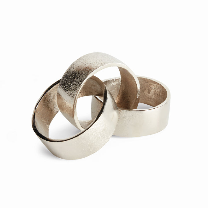 Silver round chain-link sculpture in cast aluminum, with three circular links and textured surfaces on white - Modern Organic