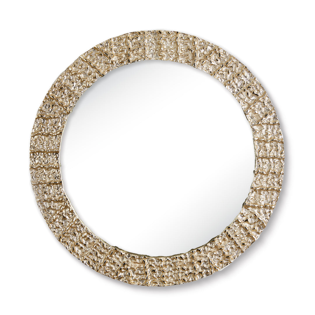 Studio image of round gold textured wall mirror with detailed embossed metal frame and clear center glass on white background.