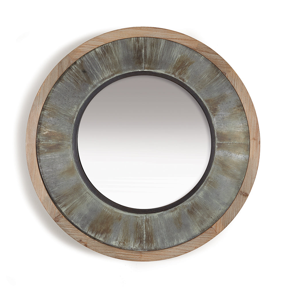 Round farmhouse mirror with galvanized metal and rustic wood frame in modern farmhouse style.

