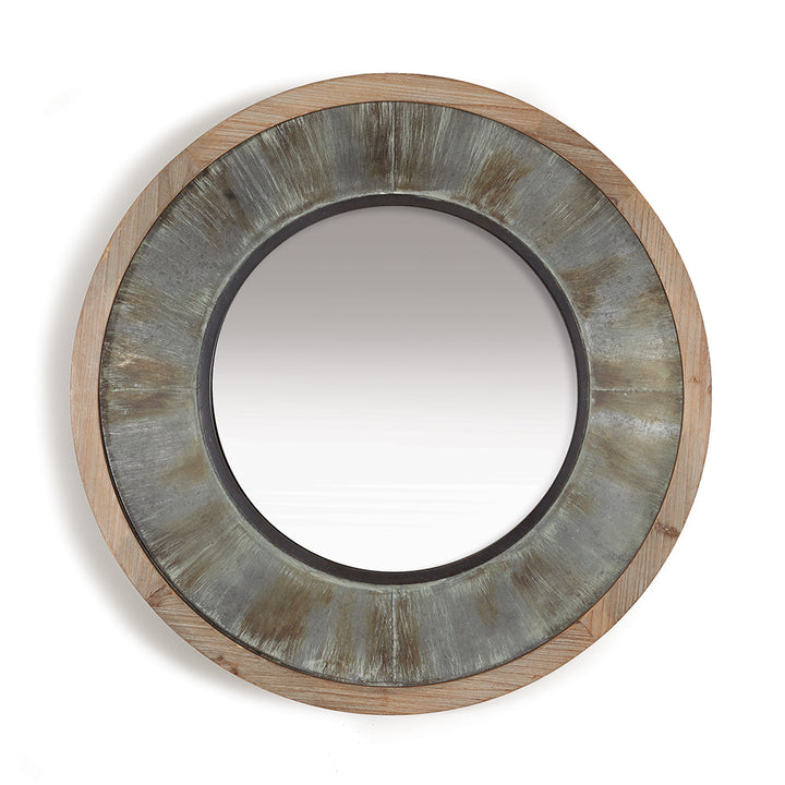 Round farmhouse mirror with galvanized metal and rustic wood frame in modern farmhouse style.

