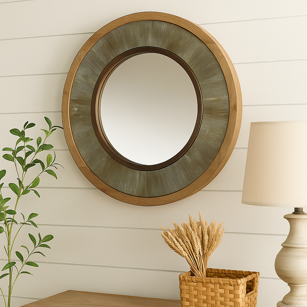 Round farmhouse mirror on a white shiplap wall with rustic accents, including a wicker basket, lamp, and potted greenery.

