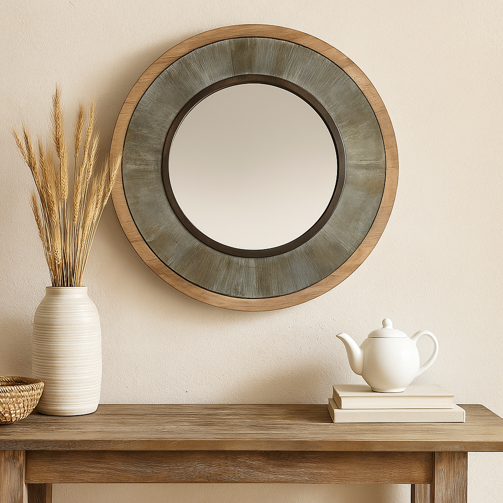 Farmhouse round mirror above a wood console with dried wheat, a ceramic teapot, books, and warm rustic decor.

