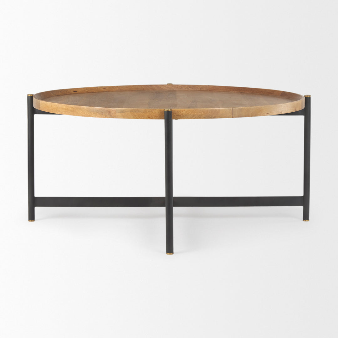 Front view of round mango wood coffee table with black iron frame and tray-style tabletop – Modern Organic