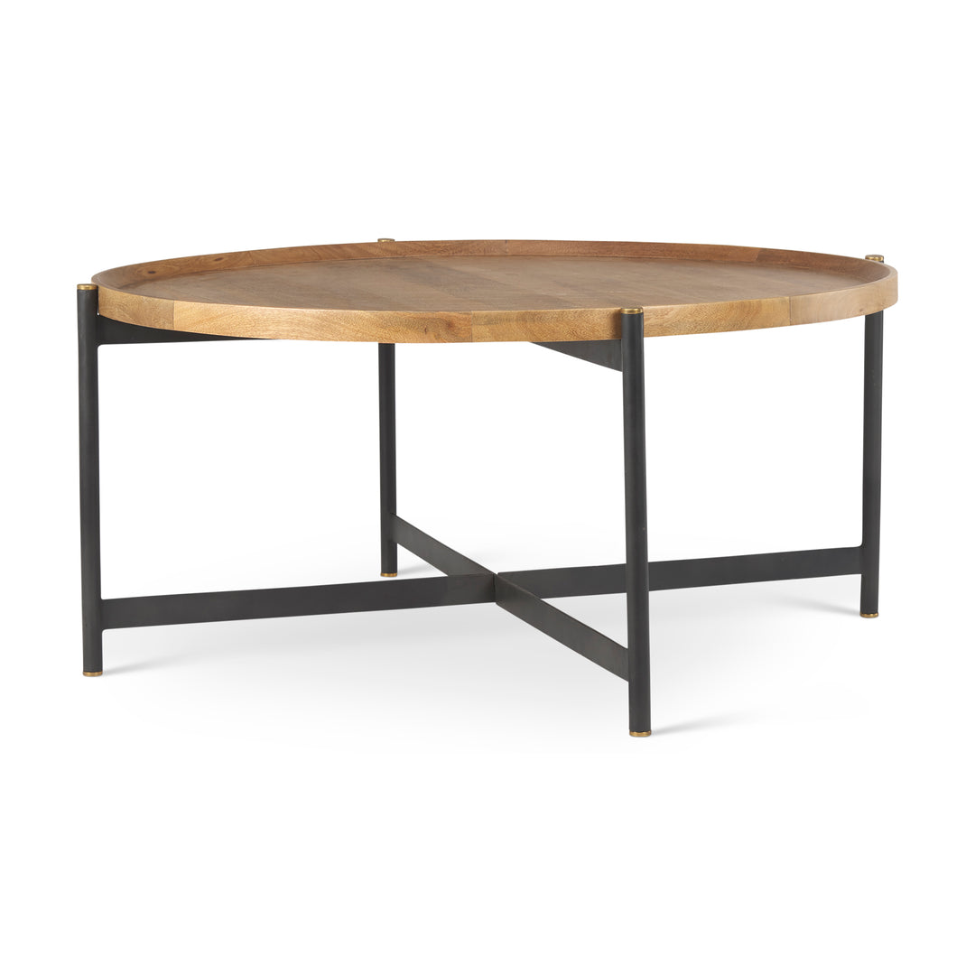 Round coffee table with solid mango wood tray top and black iron base with gold metal caps – Modern Organic