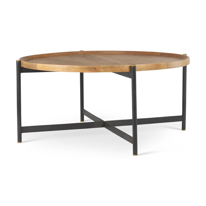 Round coffee table with solid mango wood tray top and black iron base with gold metal caps – Modern Organic