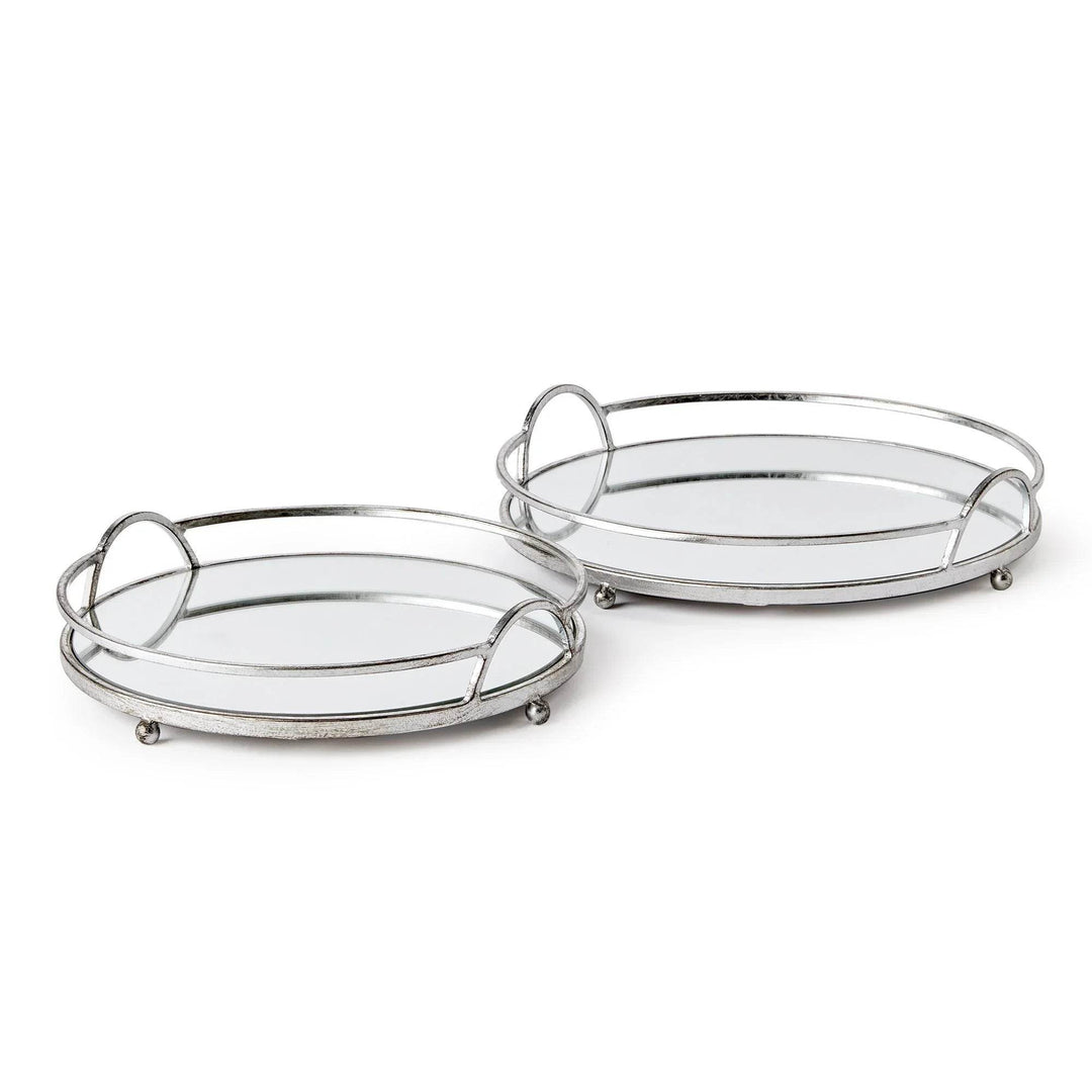 Set of 2 round mirrored trays with handles in antique silver, reflective glass surfaces, modern classic decor for coffee tables

