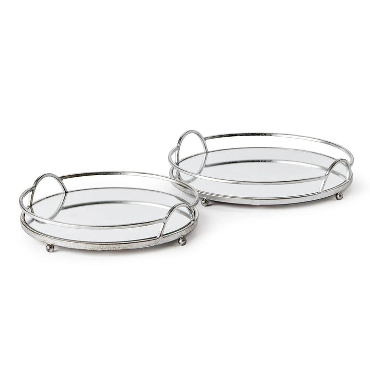 Set of 2 round mirrored trays with handles in antique silver, reflective glass surfaces, modern classic decor for coffee tables

