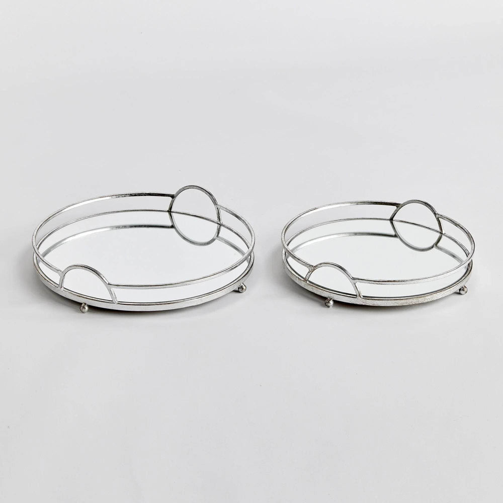 Top view of round mirrored trays with handles, set of 2 in antique silver, layered styling accent for home decor

