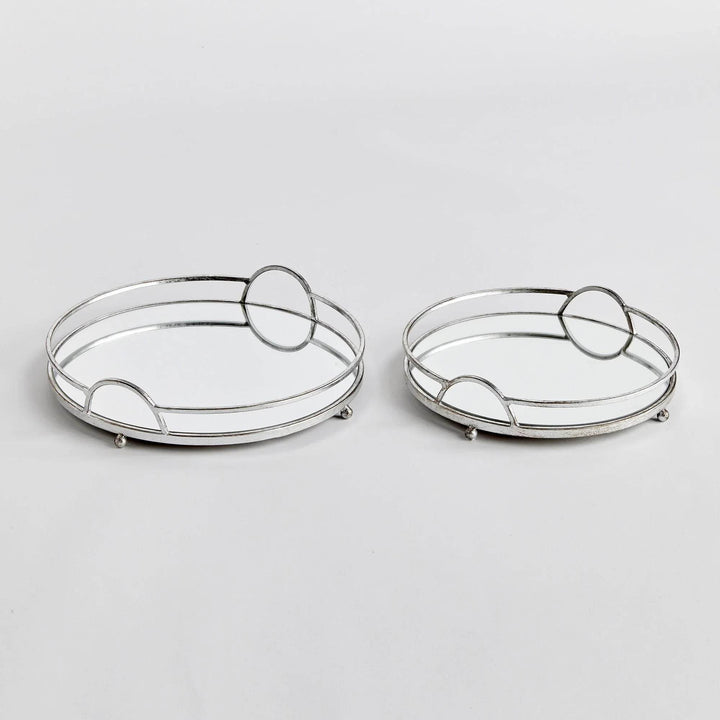 Top view of round mirrored trays with handles, set of 2 in antique silver, layered styling accent for home decor

