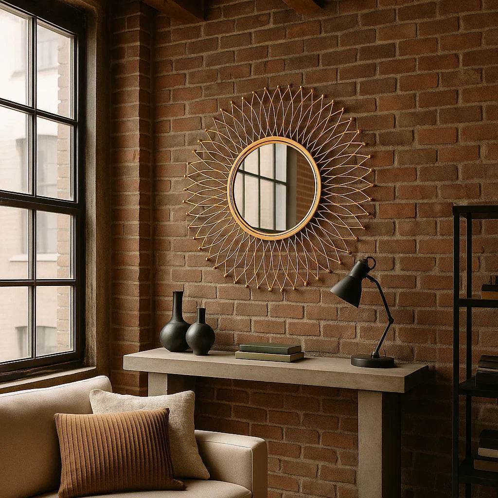 Round modern gold mirror styled in a minimalist loft interior with high ceilings and industrial finishes.