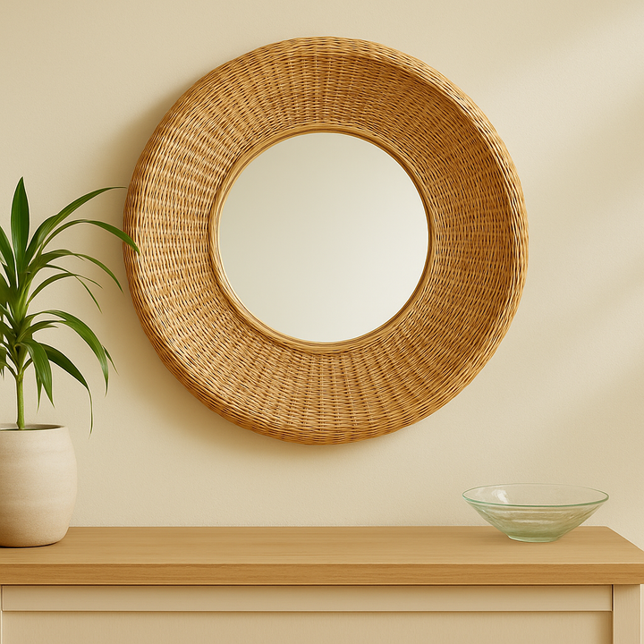 Round rattan wall mirror with deep woven frame styled above a light wood console with plant and bowl

