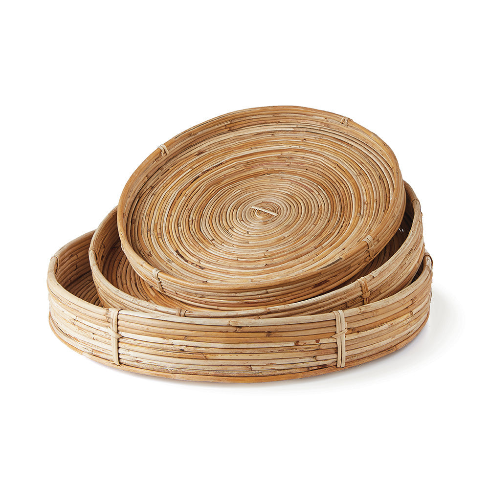 Round rattan wall tray set in nested view - boho natural style decorative baskets for wall or table