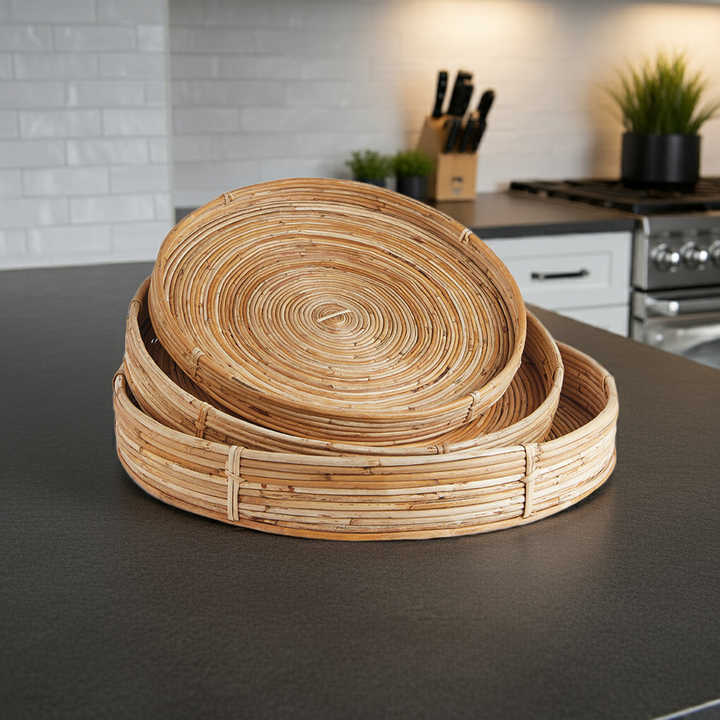Decorative cane tray set of 3 styled on counter - natural woven wall trays in boho kitchen