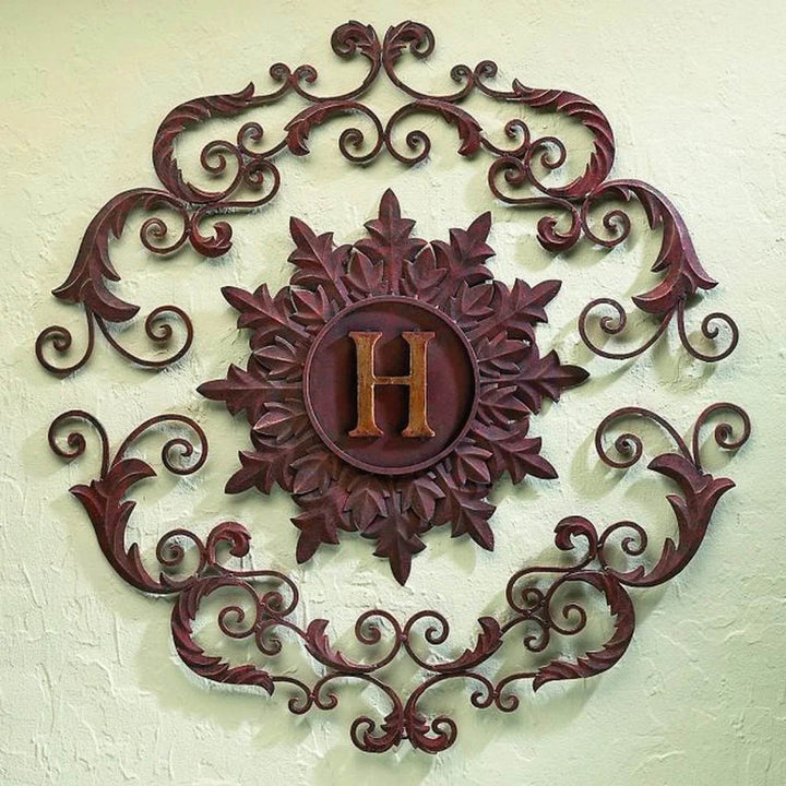 Rustic vintage iron and tole monogram wall grille with letter H – main product view