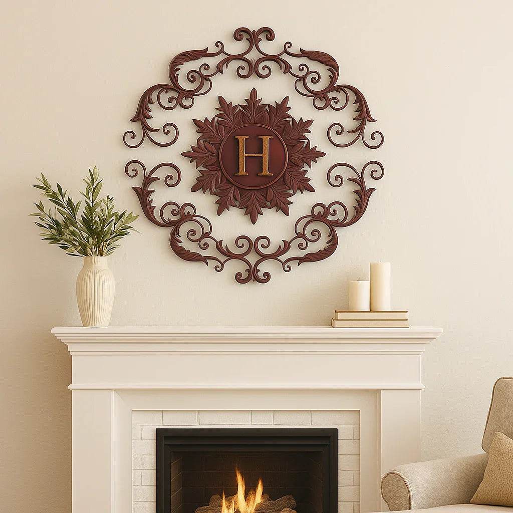 Rustic vintage wall grille with monogram H hanging above a white fireplace mantel

