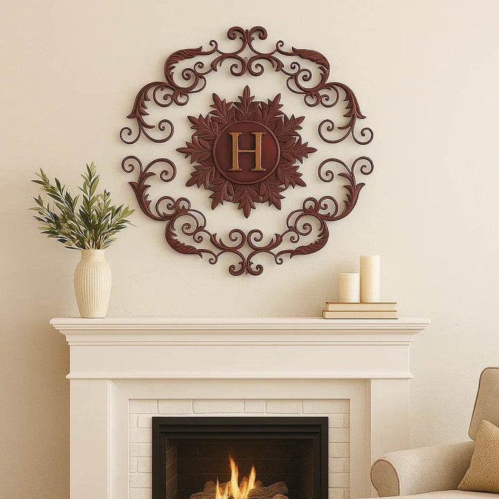 Rustic vintage wall grille with monogram H hanging above a white fireplace mantel

