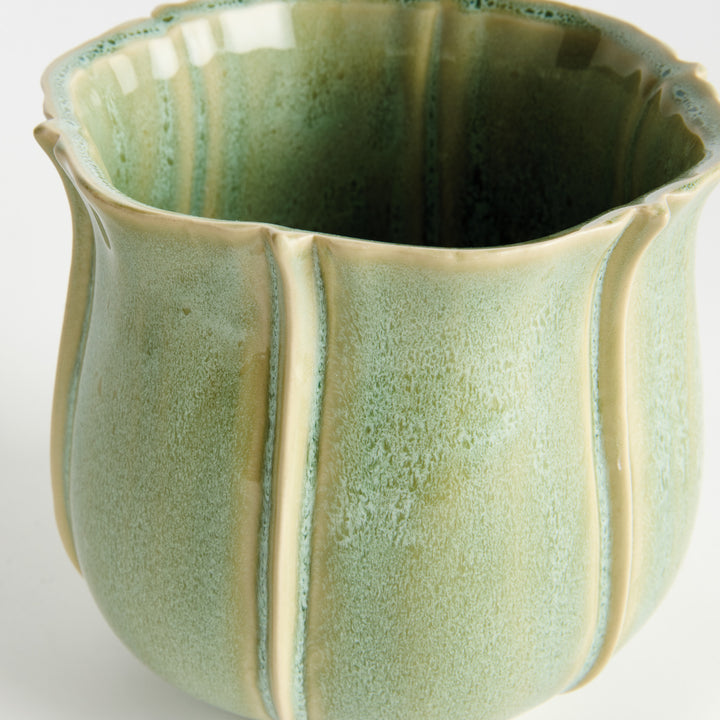 Large green ceramic planter with scalloped rim, ribbed detailing, and reactive glaze finish for indoor plants – European Cottage