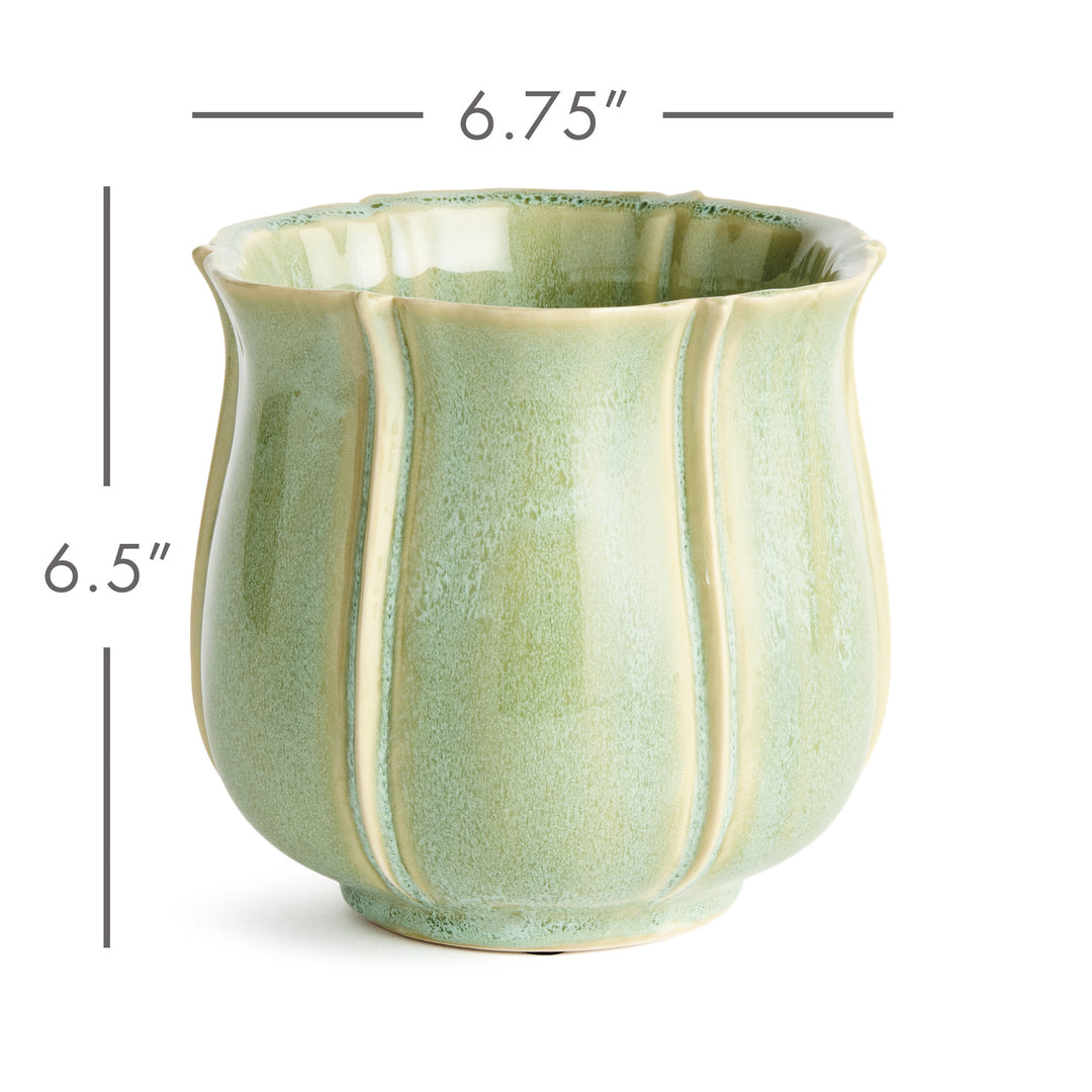 Large green ceramic planter measuring 6.75 inches wide by 6.5 inches high with scalloped detailing – European Cottage
