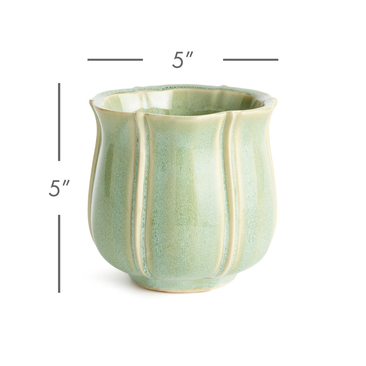 Small green ceramic planter measuring 5 inches wide by 5 inches high with scalloped ribbed design – European Cottage
