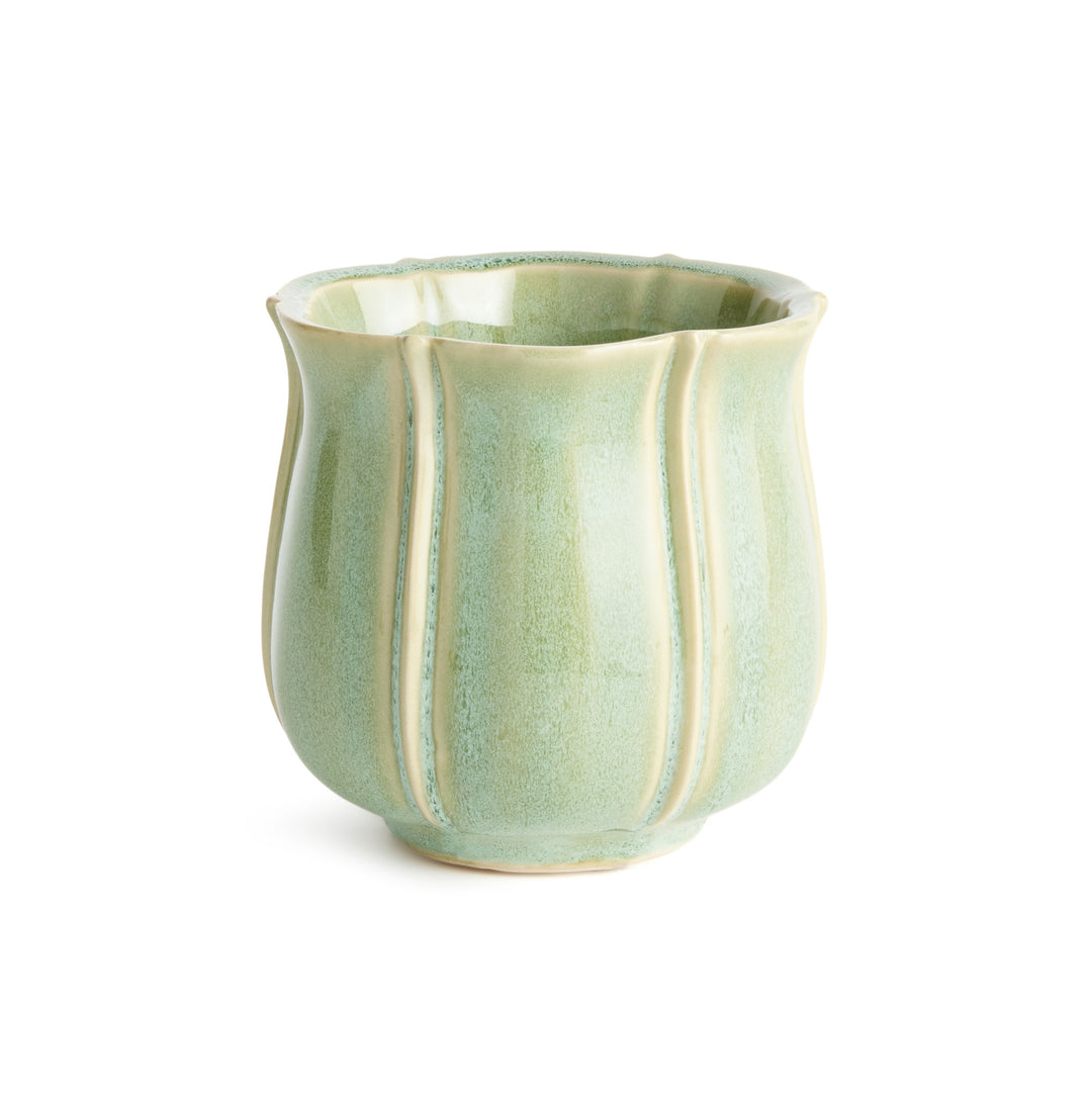 Green ceramic planter pot with scalloped rim, petal ribbing, and reactive glaze in small size for indoor plants – European Cottage
