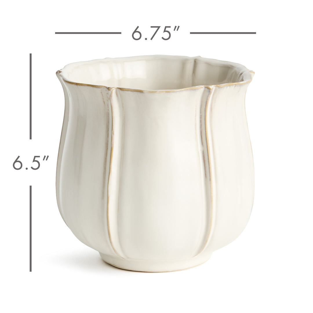 Large white ceramic planter measuring 6.75 inches wide by 6.5 inches high with scalloped detailing – European Cottage
