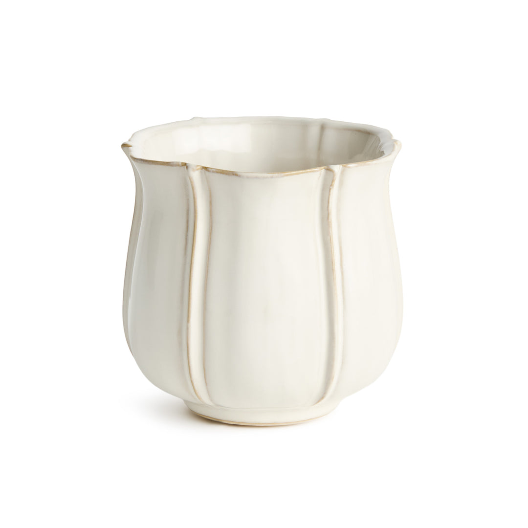 White ceramic planter pot with scalloped rim, petal ribbing, and reactive glaze in large size for indoor plants – European Cottage
