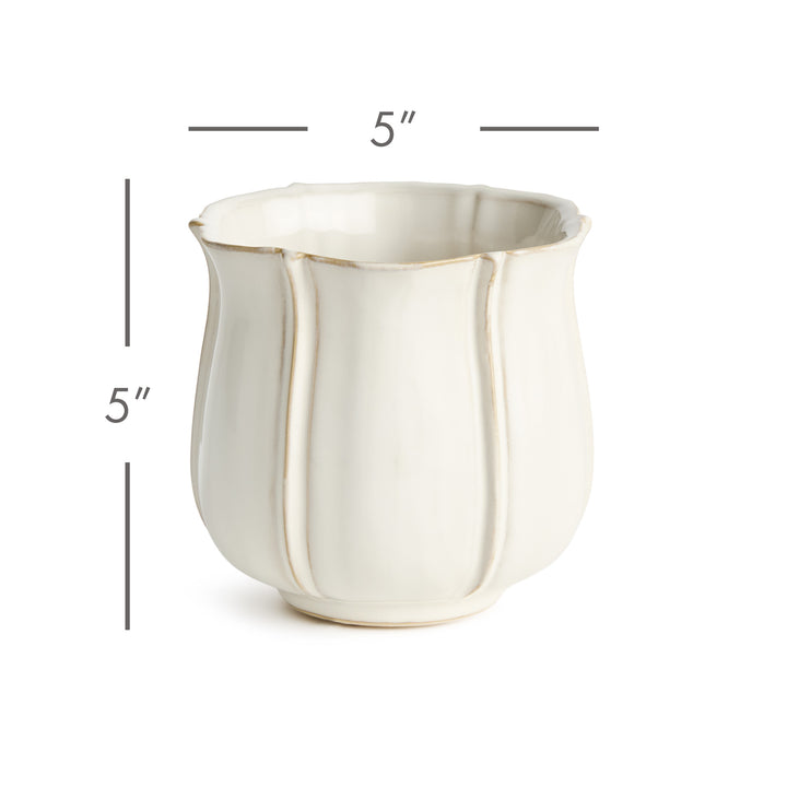 Small white ceramic planter measuring 5 inches wide by 5 inches high with scalloped ribbed design – European Cottage