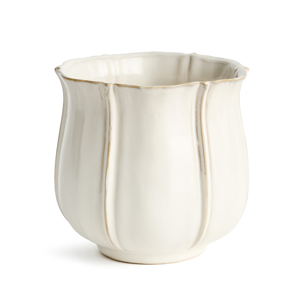 White ceramic planter pot with scalloped rim, petal ribbing, and reactive glaze in small size for indoor plants – European Cottage