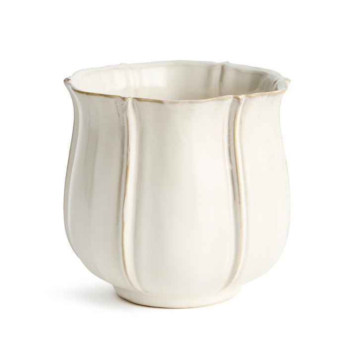 White ceramic planter pot with scalloped rim, petal ribbing, and reactive glaze in small size for indoor plants – European Cottage