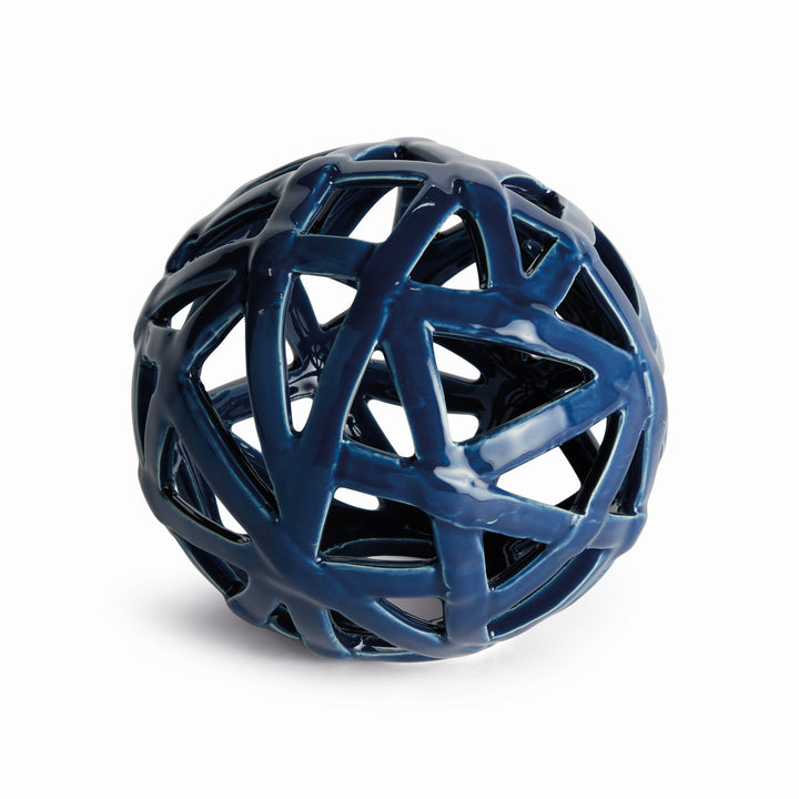 Blue ceramic decorative orb with oversized sculptural lattice design and reactive glaze finish – Coastal Transitional