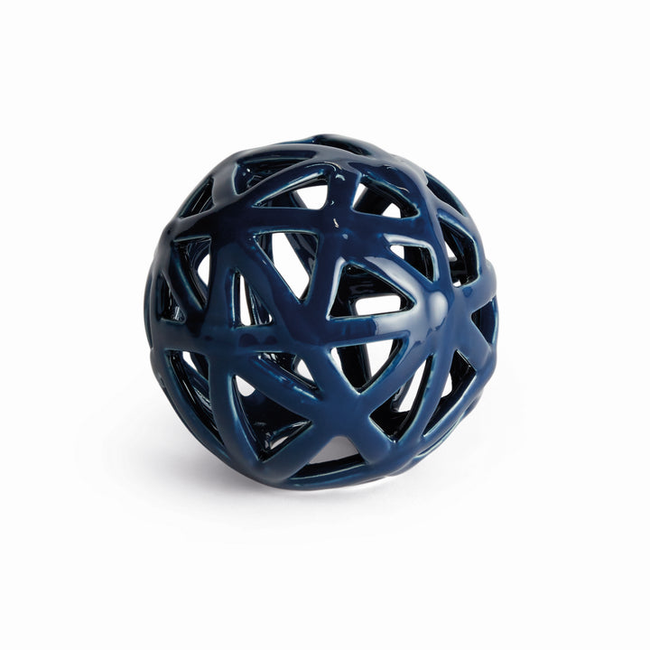 Blue ceramic decorative orb with dimensional open lattice structure and reactive glaze finish – Coastal Transitional