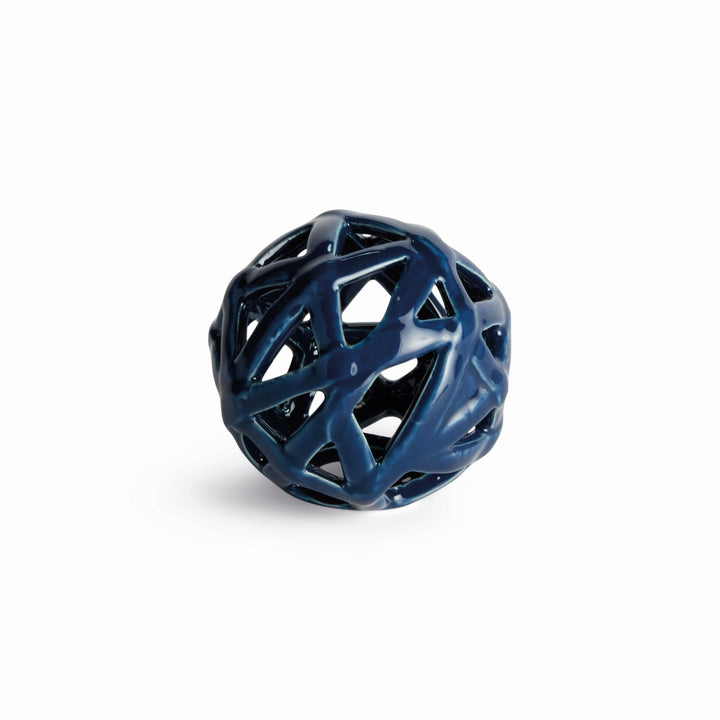 Blue ceramic decorative orb with open lattice construction and glossy reactive glaze for tabletop styling – Coastal Transitional