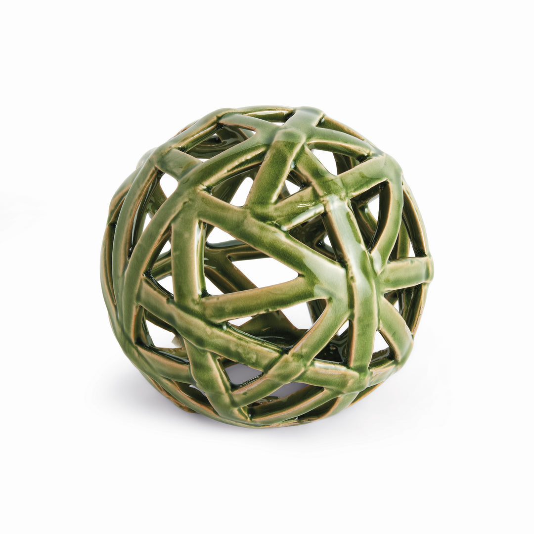 Green ceramic decorative orb with oversized open lattice form and glossy reactive glaze finish – Modern Organic