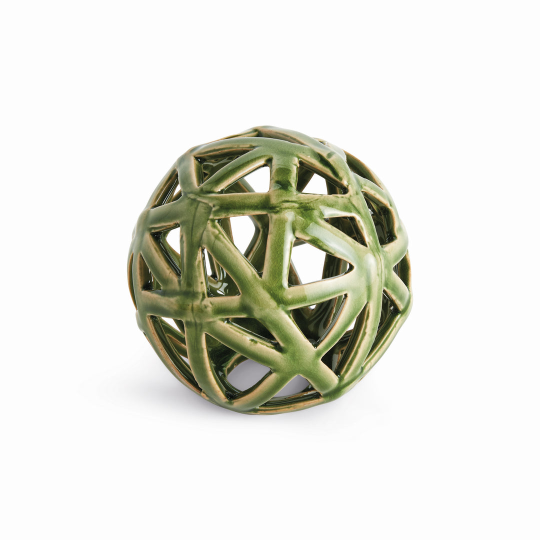 Green ceramic decorative orb with sculptural ceramic strip construction and glossy glaze finish – Modern Organic