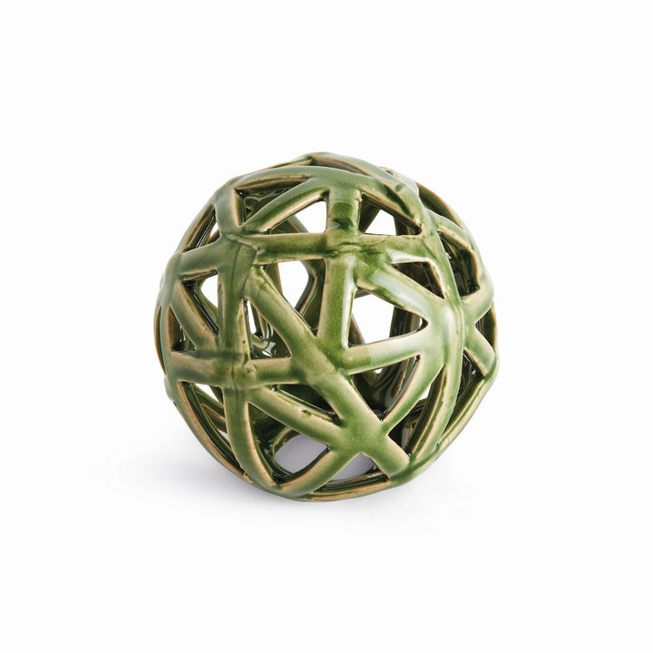Green ceramic decorative orb with sculptural ceramic strip construction and glossy glaze finish – Modern Organic