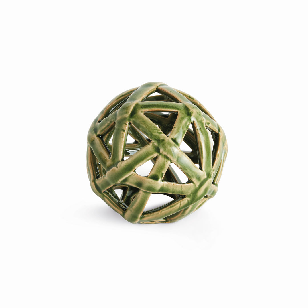 Green ceramic decorative orb with open lattice stripwork and reactive glaze finish for layered decor – Modern Organic