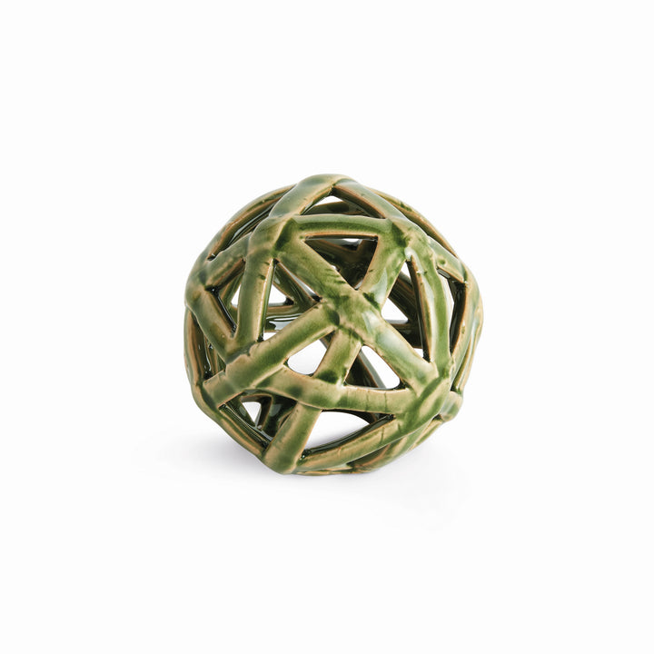 Green ceramic decorative orb with open lattice stripwork and reactive glaze finish for layered decor – Modern Organic