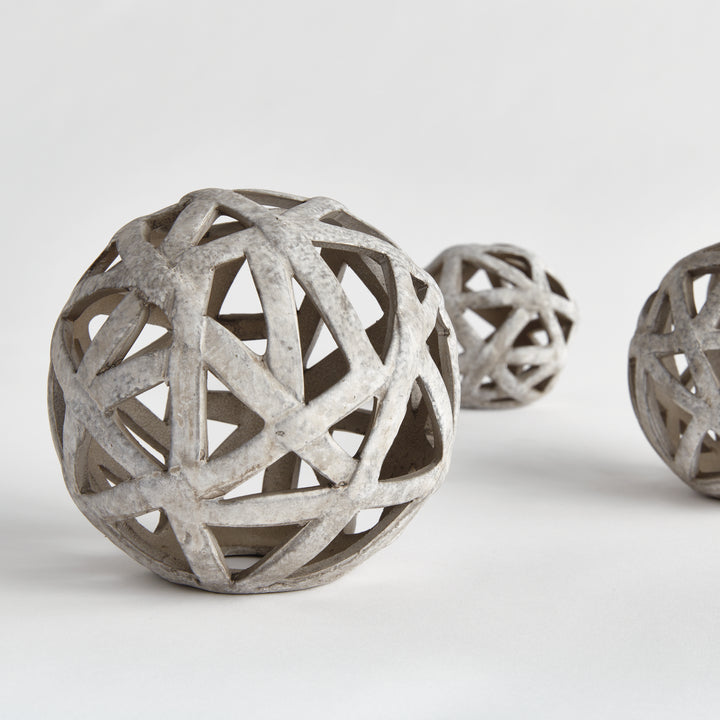 Taupe ceramic decorative orb set with open lattice design and reactive glaze for layered tabletop decor – Transitional Organic