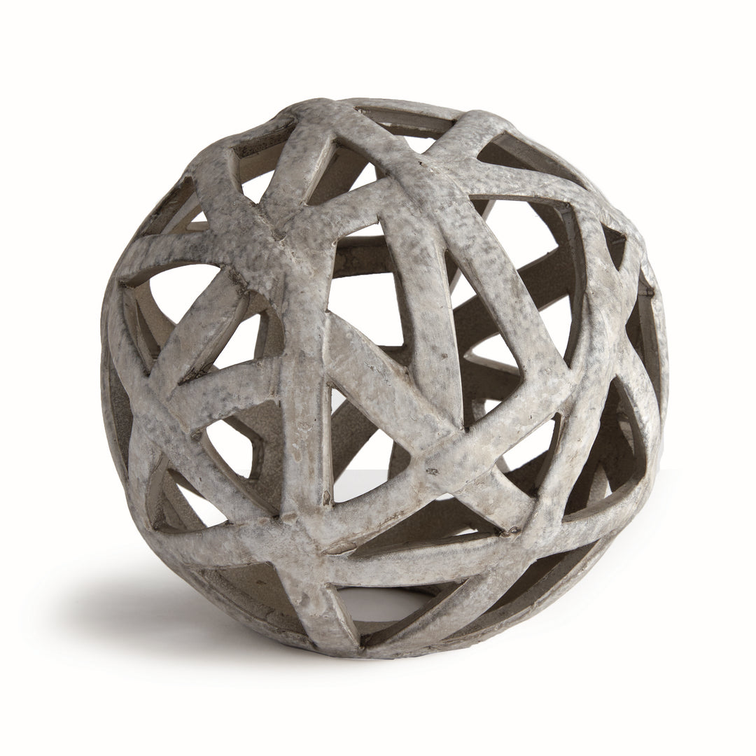 Taupe ceramic decorative orb with oversized open lattice structure and reactive ceramic glaze – Transitional Organic
