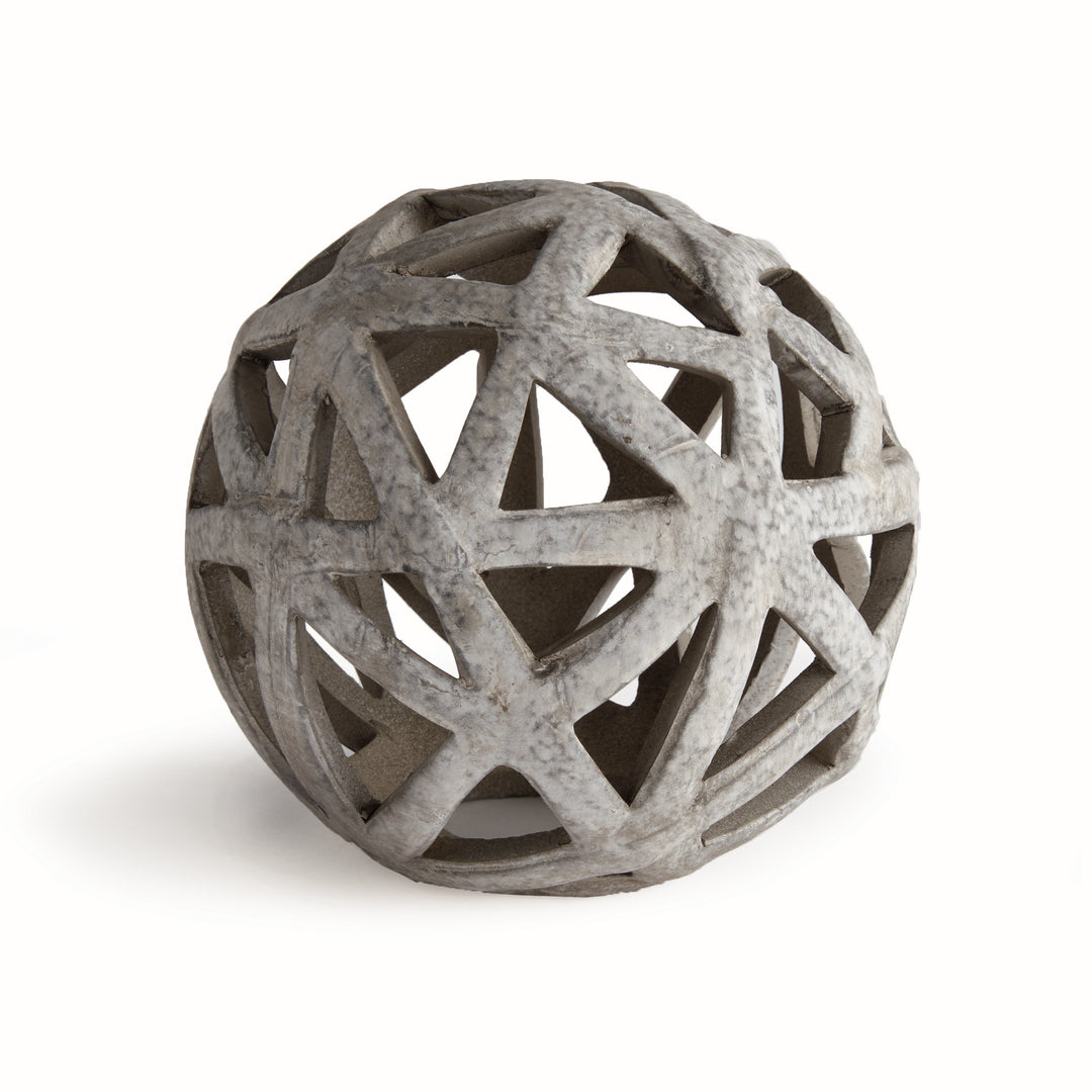 Taupe ceramic decorative orb with open ceramic lattice design and artisan reactive glaze – Transitional Organic