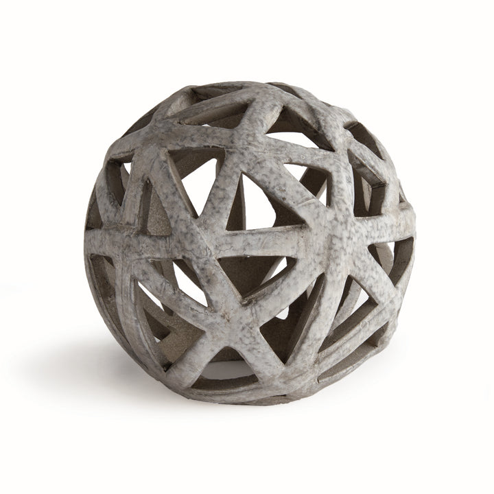 Taupe ceramic decorative orb with open ceramic lattice design and artisan reactive glaze – Transitional Organic