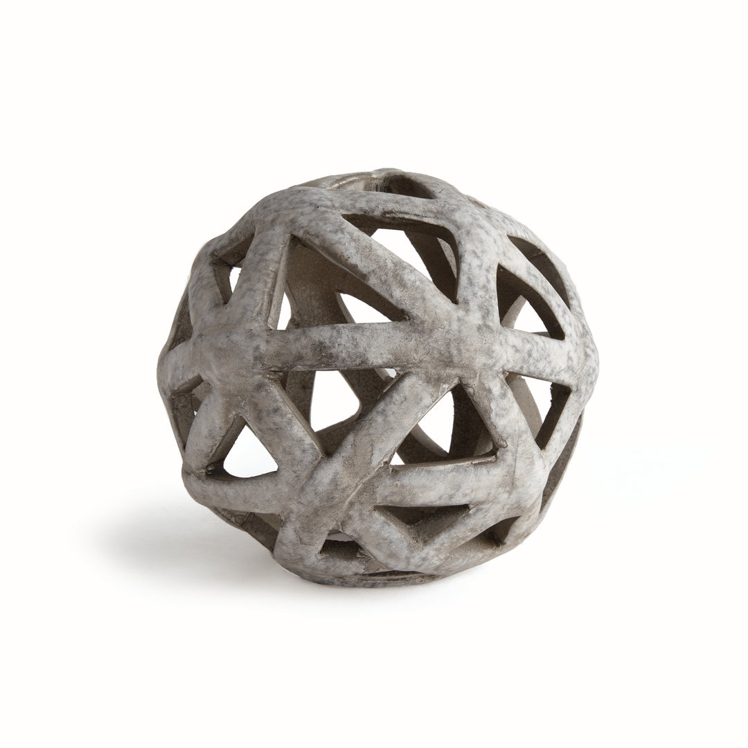 Taupe ceramic decorative orb with open lattice form and textured reactive glaze for shelf styling – Transitional Organic
