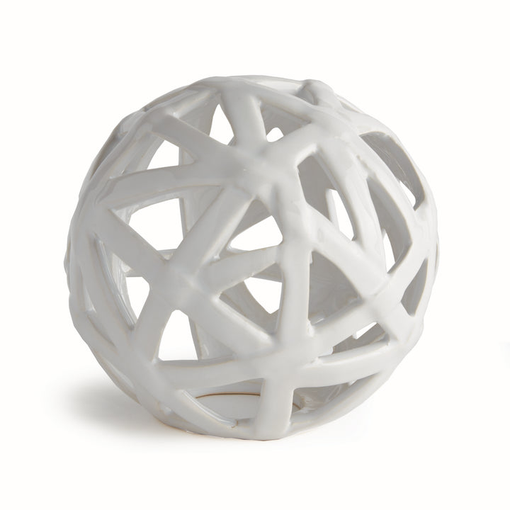 White ceramic decorative orb with oversized open lattice silhouette and glossy reactive glaze – Scandinavian Organic