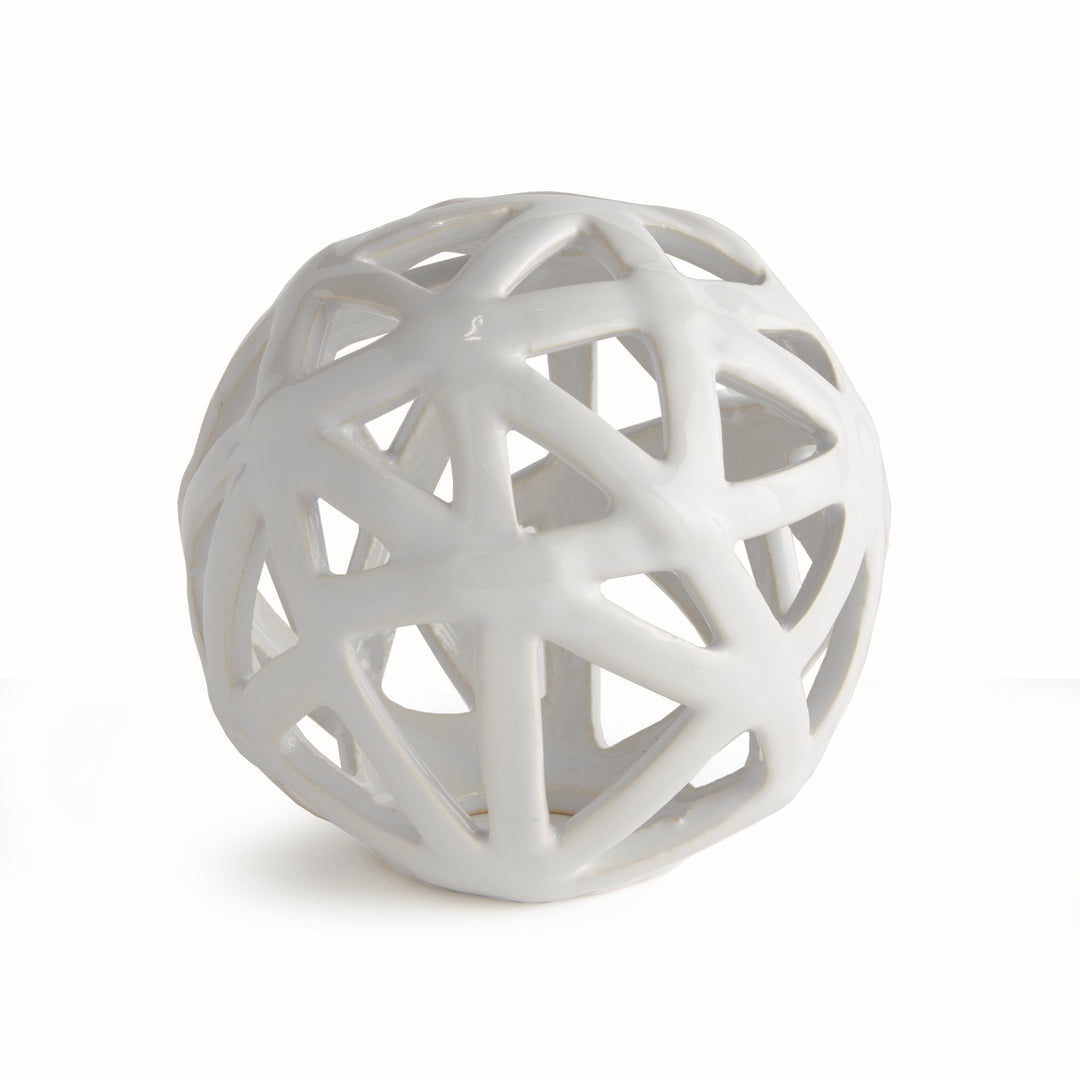 White ceramic decorative orb with sculptural open lattice detailing and glossy reactive glaze finish – Scandinavian Organic