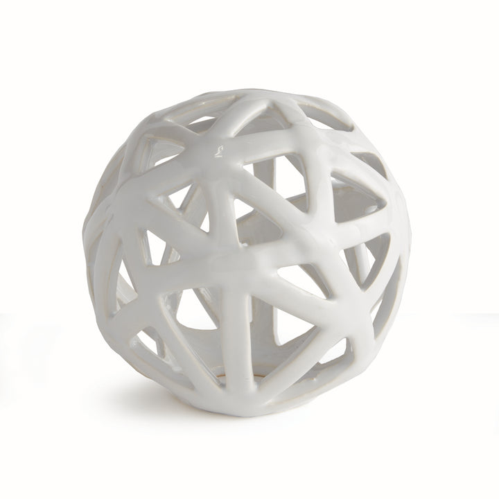 White ceramic decorative orb with sculptural open lattice detailing and glossy reactive glaze finish – Scandinavian Organic