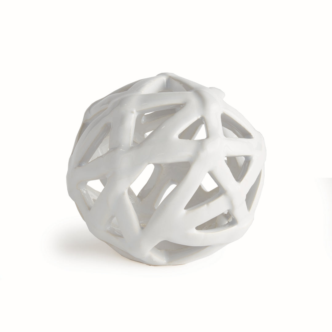White ceramic decorative orb with open lattice design and reactive glaze finish for bowls and shelf styling – Scandinavian Organic