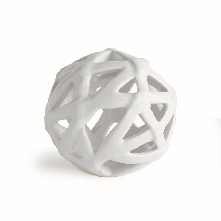 White ceramic decorative orb with open lattice design and reactive glaze finish for bowls and shelf styling – Scandinavian Organic