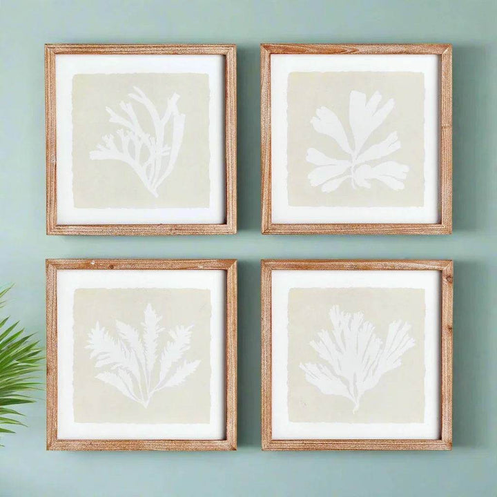 Set of four framed seaweed silhouette prints with pale gray backgrounds and natural wood frames – Coastal Cottage

