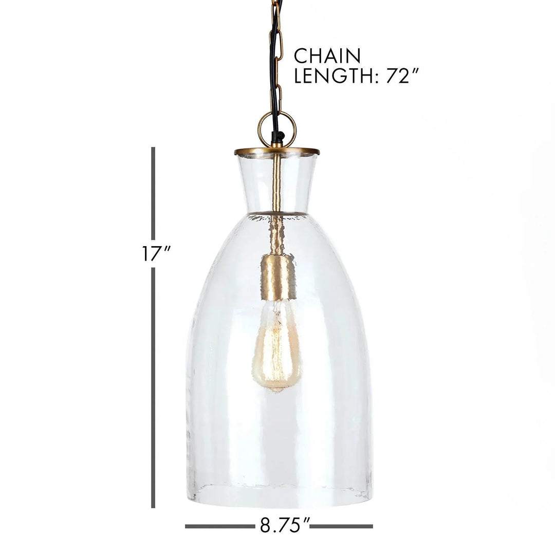 Seeded glass bottle pendant diagram showing a narrow shade width, fixture height and hanging chain length, Transitional style