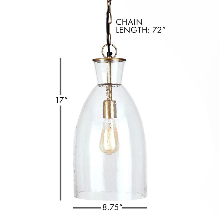 Seeded glass bottle pendant diagram showing a narrow shade width, fixture height and hanging chain length, Transitional style